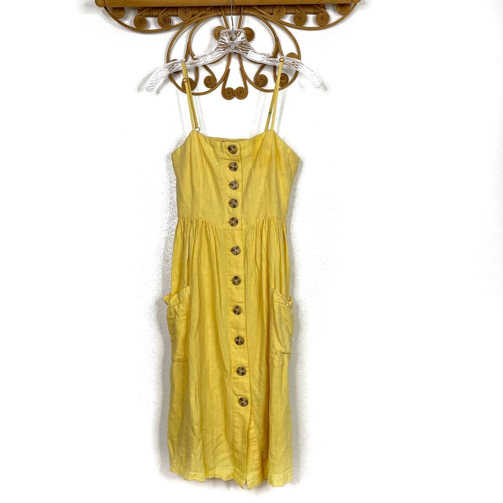 Forever 21 yellow linen button front cami dress S